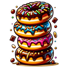 A stack of three chocolate doughnuts, each with different toppings like rainbow sprinkles, nuts, and chocolate drizzle vector art illustration on a white background.
