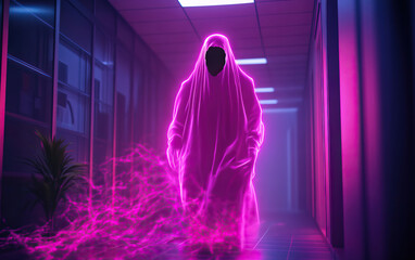 Wall Mural - A mysterious entity shrouded in pink light walks through a dimly lit corridor, creating an eerie and captivating atmosphere.