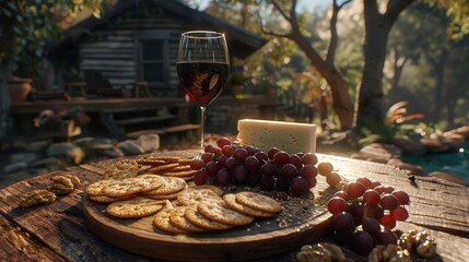 Sunlit wooden table with a glass of red wine, cheese, grapes, crackers, and walnuts spread