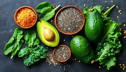 Vibrant arrangement of fresh avocado halves, chia seeds, and kale leaves on a dark surface highlighting healthy nutrition ingredients