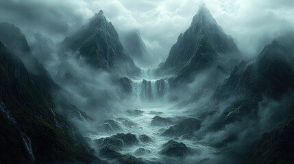 Wall Mural - A Dramatic Landscape with a Waterfall Plunging into a Foggy Valley