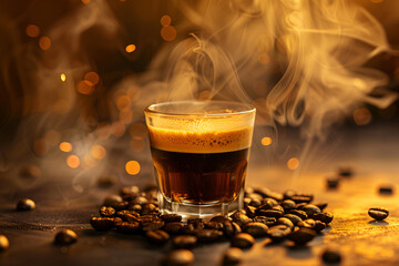 Wall Mural - Steaming espresso shot surrounded by coffee beans in a warm, glowing ambiance