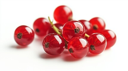 Wall Mural - succulent red currants on a bright white background. The image focuses on the detailed and realistic depiction of the currants, with soft, even lighting that emphasizes their