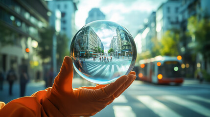 A man standing in a laboratory wearing orange work clothes, the focus is on the glass orb in his hands, inside the glass orb is an image of a downtown intersection with green surroundings