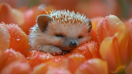 Poster -   A hedgehog sits in a flower bed, its quills glistening with water droplets on its face