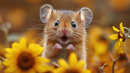 Poster -   A small rodent stands on hind legs amidst sunflower fields with a surprised expression