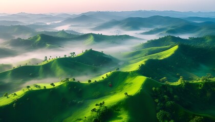 Serene aerial vista of lush green hills enveloped in morning mist, capturing the tranquility of natures beauty