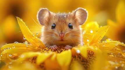 Poster -   A close-up photo of a mouse perched on a flower with droplets of water on its fur and a soft, hazy backdrop