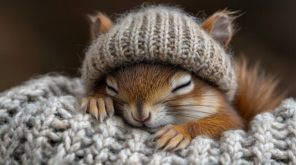 Poster -   A close-up of a cat wearing a knitted hat on its head, resting on a knitted blanket