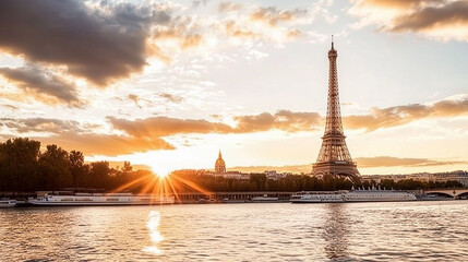 A luxurious cityscape of the Eiffel Tower at sunset, reflecting in the Seine River with luxury yachts and upscale restaurants. A perfect, sleek destination for high-end travelers.