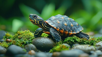 Sticker -   A little turtle perched atop a stack of verdant, moss-covered boulders, surrounded by lush, emerald foliage