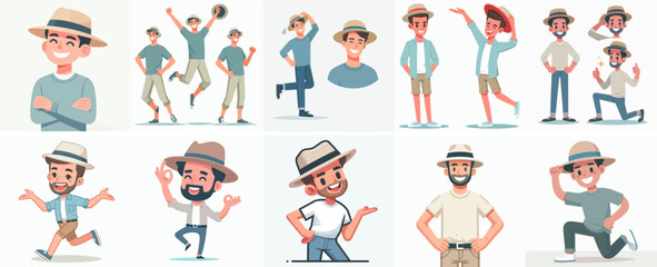 Wall Mural - happy young man vector set wearing hat