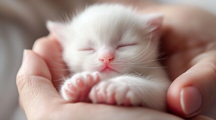 Adorable kitten sleeping in hands.