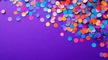 Wall Mural - Minimalist confetti in bright, saturated colors, scattered across a vibrant purple background, symbolizing celebration and cheer