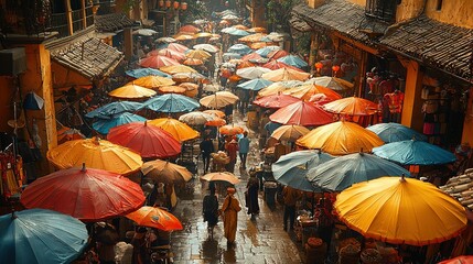 Sticker -   People walk down street with umbrellas on either side