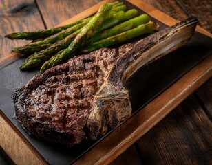 Medium rare grilled Tomahawk beef steak with asparagus. Generated image