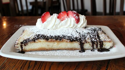 Poster -   A white plate holds a cake covered in powdered sugar, then adorned with fresh strawberries on top