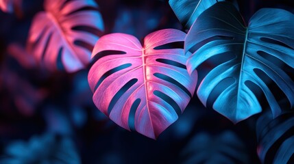 Poster - Neon-lit Monstera Deliciosa Leaves in a Dark Setting