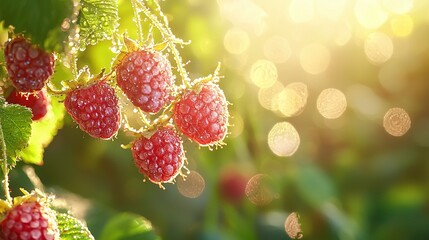 Poster -   Raspberries dangling from a tree with sunlight filtering through the foliage on a bright day