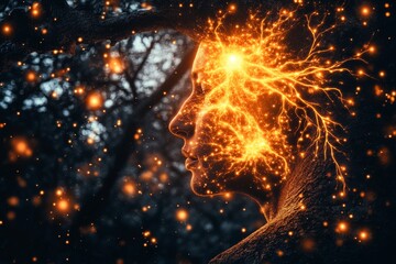 Wall Mural - Bioinformatics prefrontal cortex neural connectomics and optoelectronics abstract human head glowing with neural energy amidst particles in a dark forest