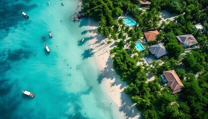 Tropical paradise beach with turquoise waters, vibrant boats, lush greenery, and charming beach houses nestled among swaying palm trees