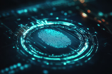 Poster - Futuristic fingerprint scanner is illuminating and verifying identity on a digital interface
