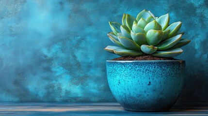 Wall Mural - Succulent Plant in a Blue Pot Against a Teal Wall