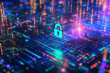 Poster - glowing padlock hovers over a circuit board with binary code streaming in the background, symbolizin