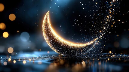 Poster -   Close-up of a crescent moon on water with a bokeh of blurry light in the background