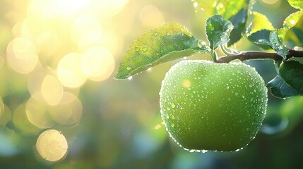 Canvas Print -   Green apple, close-up, branch, water droplets, leaves, sunlight