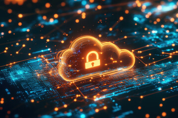 Poster - Glowing cloud with a padlock symbol is hovering over a circuit board, representing the concept of cloud security