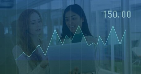 Poster - Financial graph animation over businesswomen discussing work in office