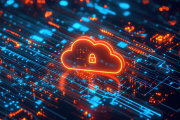 Poster - glowing padlock is inside a cloud symbol above a motherboard, suggesting cloud security