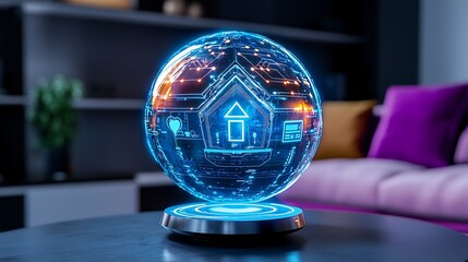 Futuristic digital icons represent the seamless technology of a smart home.