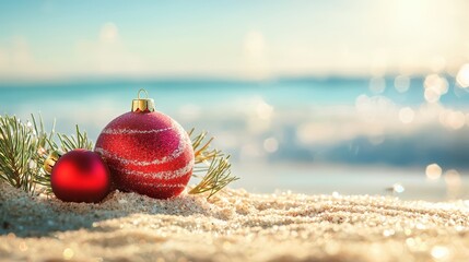 Wall Mural - Christmas bauble on the sandy beach. Summer Xmas vacations on a tropical island	