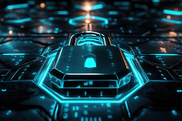 Poster - padlock is securing a futuristic glowing circuit board in this cybersecurity concept image