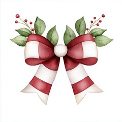 Beautiful red and white striped bow adorned with leaves and berries, perfect for holiday decorations and festive celebrations.