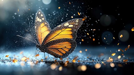 Wall Mural -   Close-up of a butterfly flying in air with water droplets on ground and bokeh of lights in background