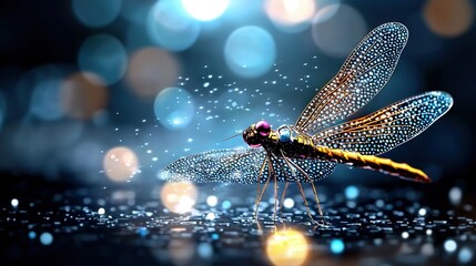 Canvas Print -   Blue and yellow dragonfly resting on dark background with hazy light in the distance