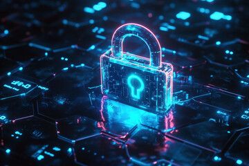 Poster - glowing padlock is securing a circuit board, suggesting data protection and cybersecurity