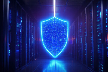 Poster - glowing digital shield is protecting a server room from cyber attacks