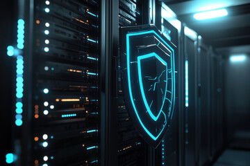 Poster - broken shield is illustrating a cybersecurity breach in a data center full of servers