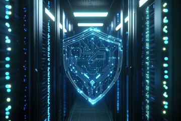 Poster - glowing blue shield made of circuit board pattern is protecting a server room