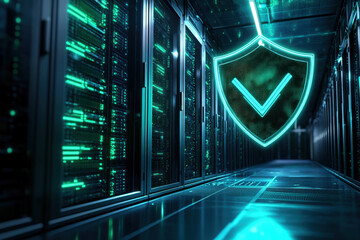 Poster - Digital shield with a check mark is protecting a server room, signifying strong cybersecurity measures