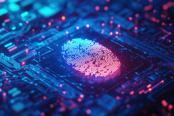 Poster - fingerprint is glowing on a circuit board, suggesting cybersecurity and data protection