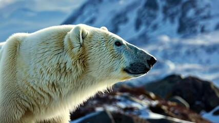 a polar bear in a snow covered landscape, highlighting its majestic profile in a cold, arctic enviro