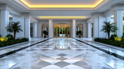 Elegant marble floors and towering columns frame golden doors at the entrance to a luxurious building.