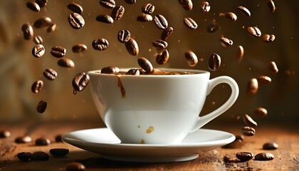 Coffee beans cascading above a steaming cup, creating a delightful scene of rich aromas and warm tones