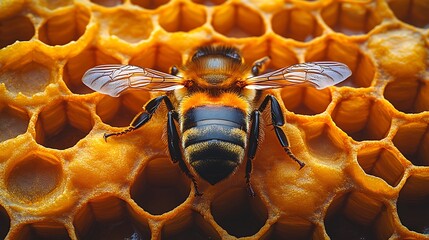 Wall Mural - A close-up of a honeybee resting on a honeycomb.