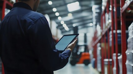 Wall Mural - Supervisor Holding Tablet in Busy Warehouse
A large warehouse supervisor uses a tablet to check inventory while forklifts move in the background.